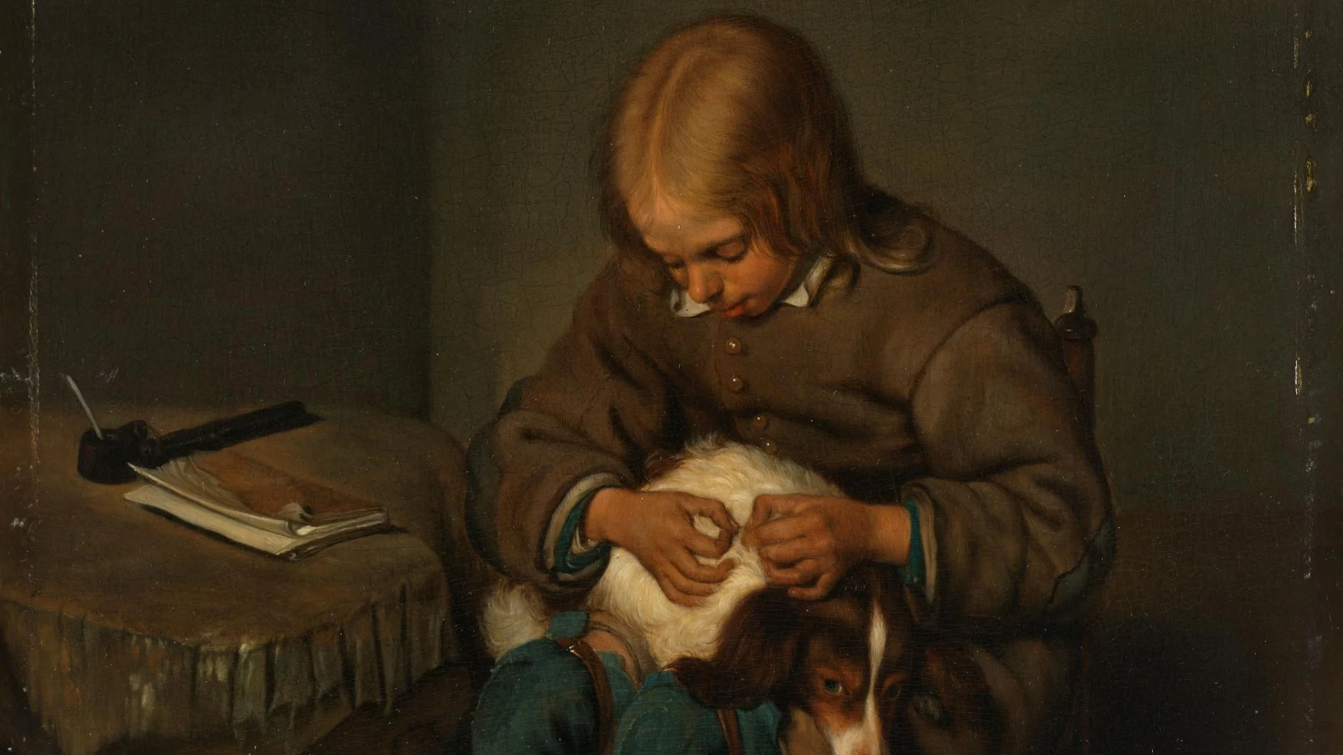 Boy Fleaing a Dog