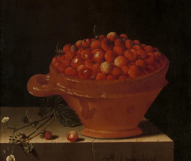 A Bowl of Strawberries on a Stone Plinth