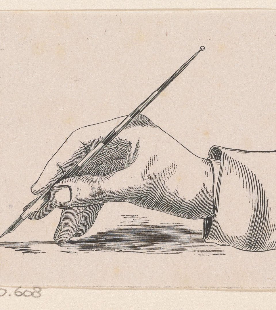 Hand schrijvend met een kroontjespen
